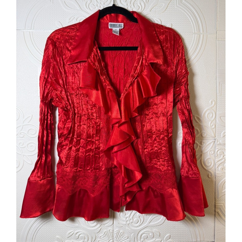 70's Robbie Bee Woman Red Crinkle Blouse Lace Ruffle Bell Sleeve Top M SKU 190